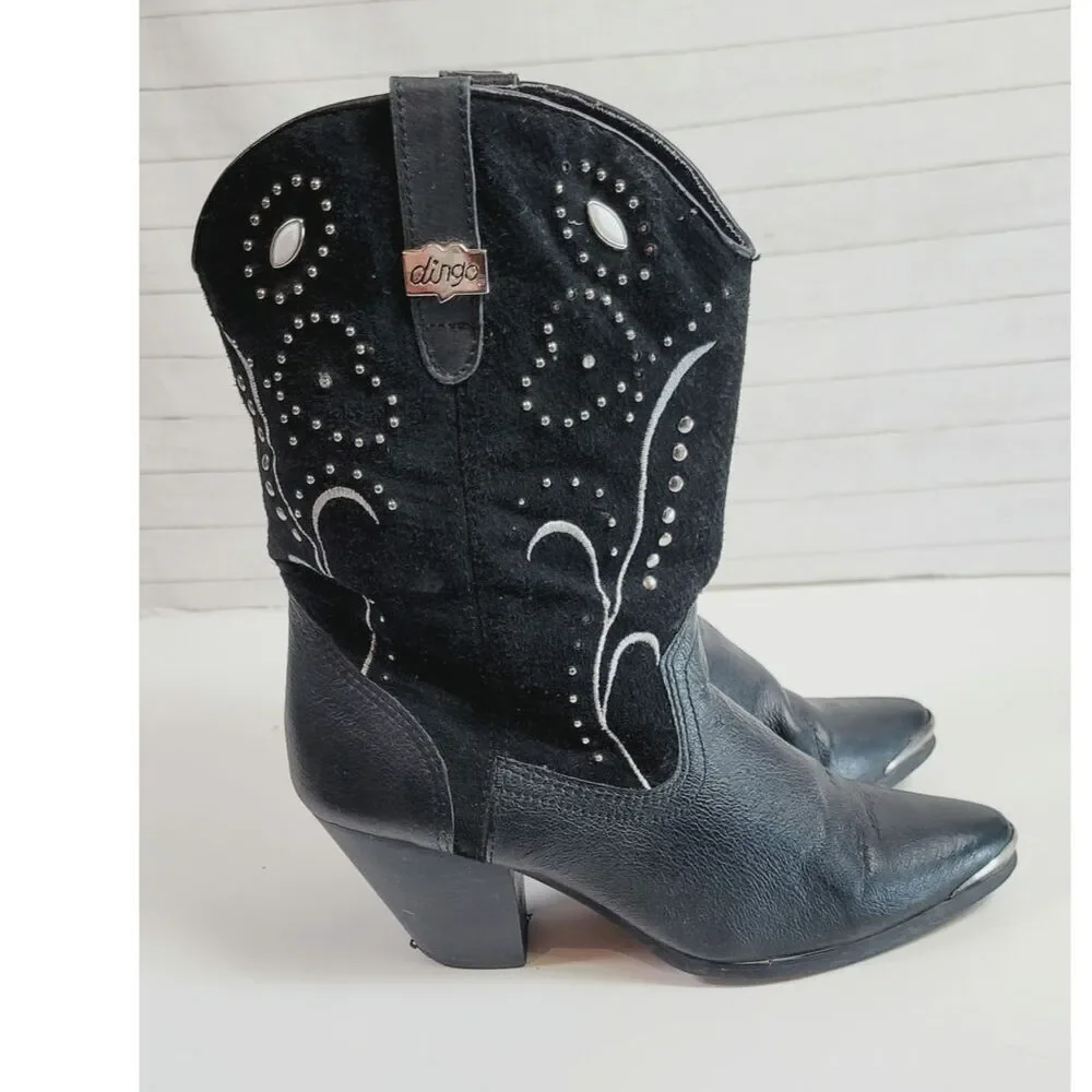 Dingo Ava Studded Western Heeled Boots in Black Suede, sz 10
